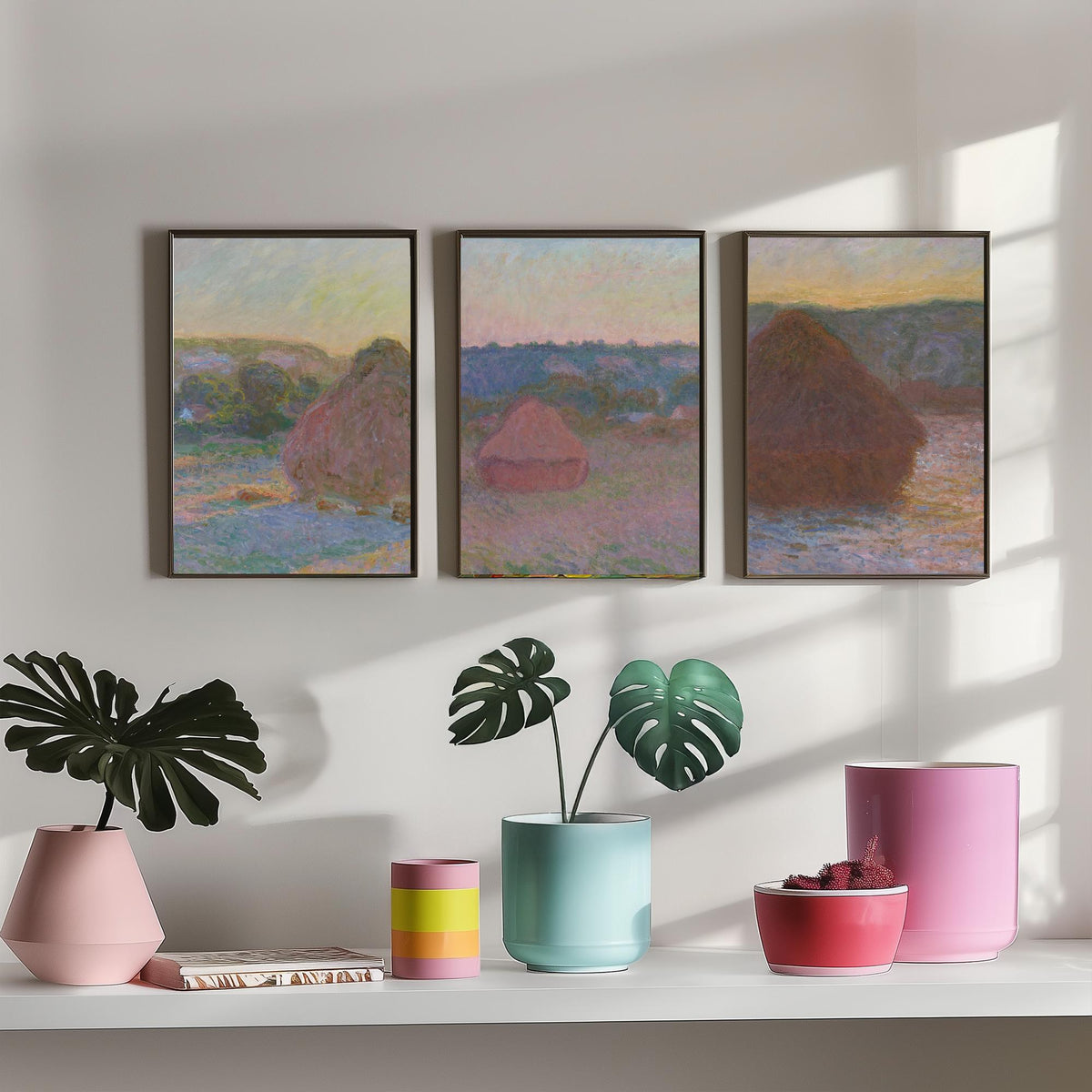 Claude Monet Haystacks Set of Three Art Prints - Grainstacks at End of Summer - Impressionist Painting Poster V2
