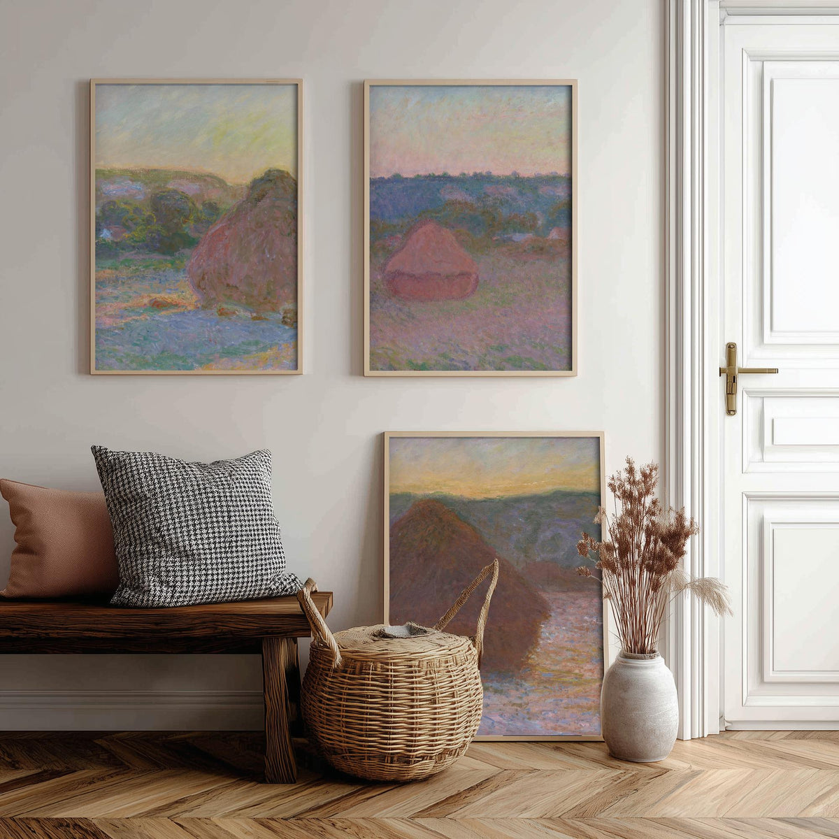 Claude Monet Haystacks Set of Three Art Prints - Grainstacks at End of Summer - Impressionist Painting Poster V2