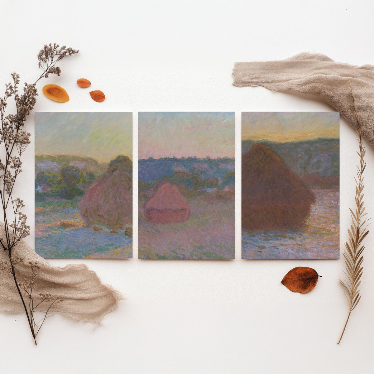 Claude Monet Haystacks Set of Three Art Prints - Grainstacks at End of Summer - Impressionist Painting Poster V2