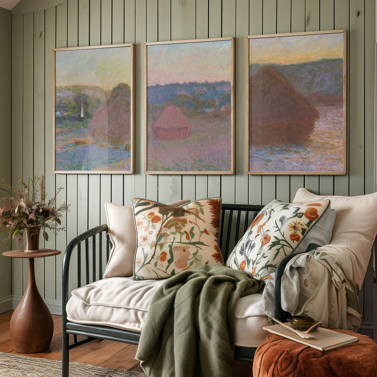 Claude Monet Haystacks Set of Three Art Prints - Grainstacks at End of Summer - Impressionist Painting Poster V2