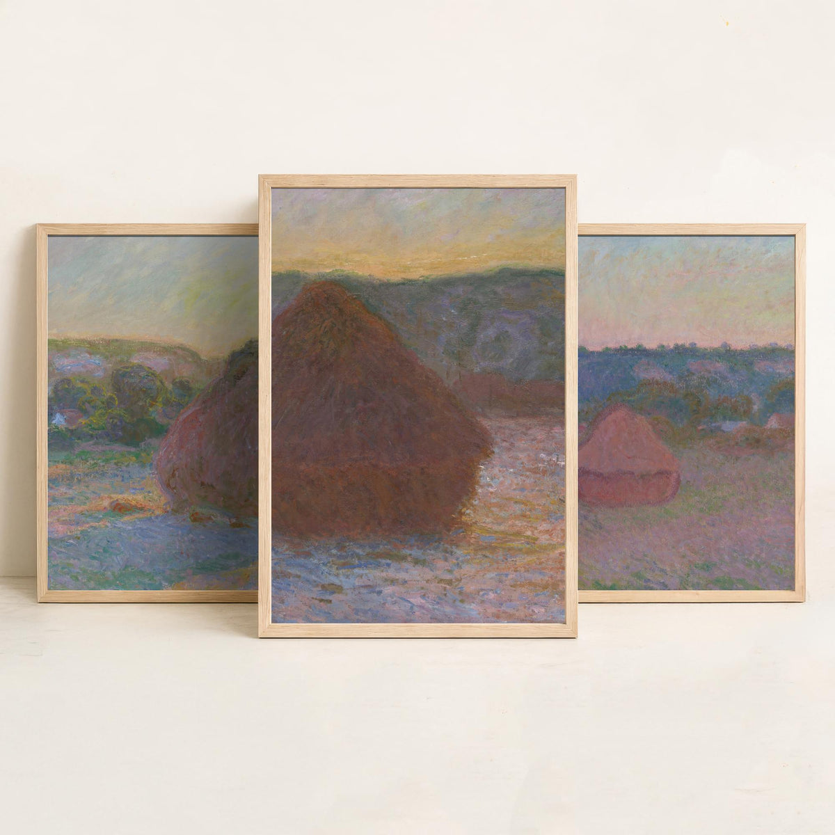 Claude Monet Haystacks Set of Three Art Prints - Grainstacks at End of Summer - Impressionist Painting Poster V2