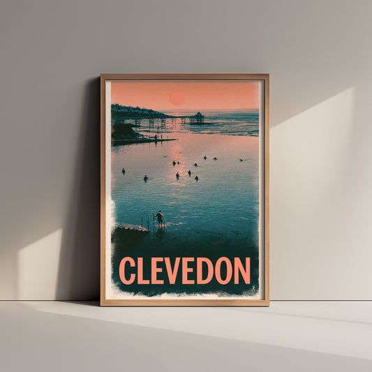 Clevedon Marine Lake Poster - Somerset Art Print - Pink Dusk Sea Swimming Illustration - Victorian Pier Open Water Swim