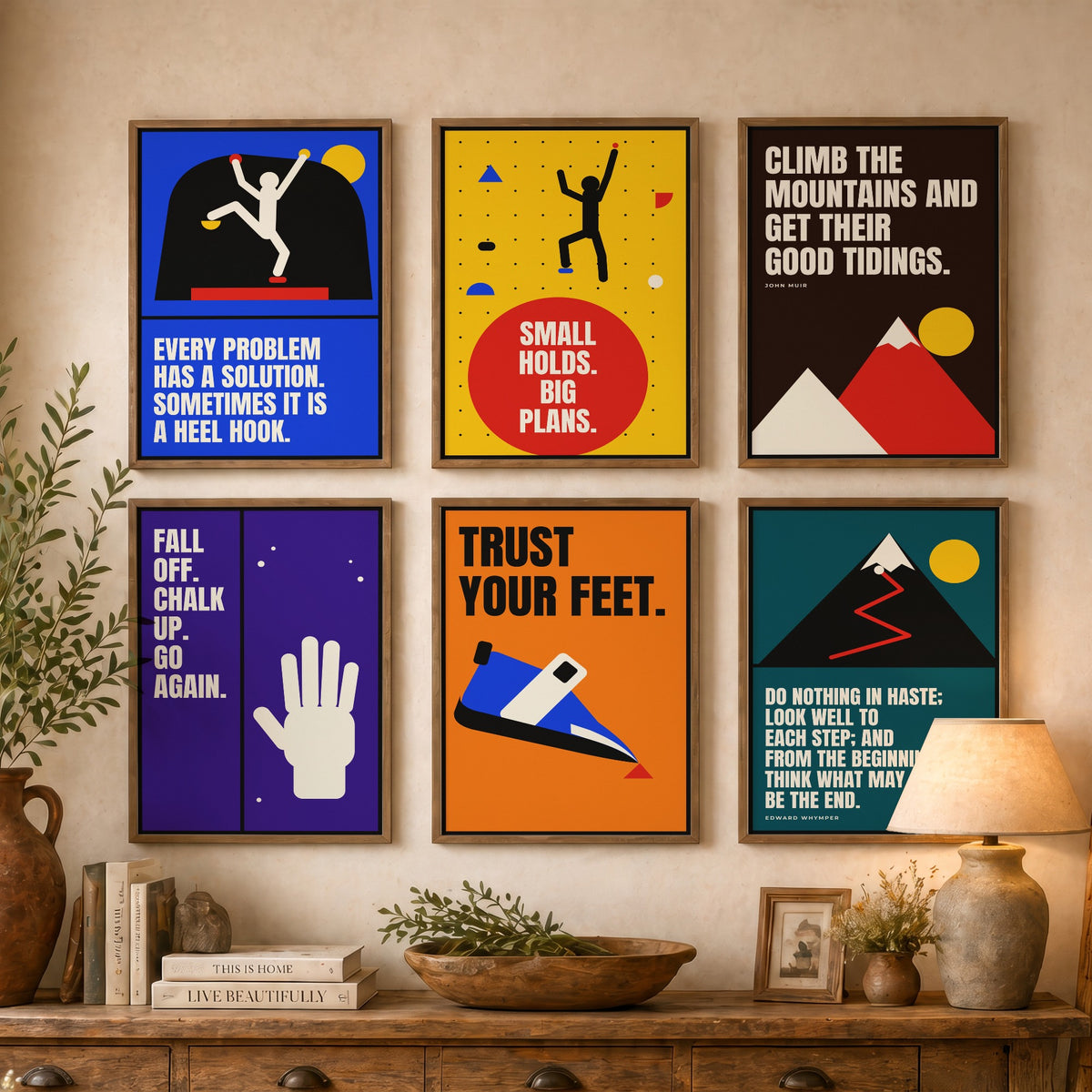 Set of Six Climbing Quote Art Prints - 6 Bauhaus Bouldering Posters - Minimalist Sport Illustration - Climbing Wall, Mountains