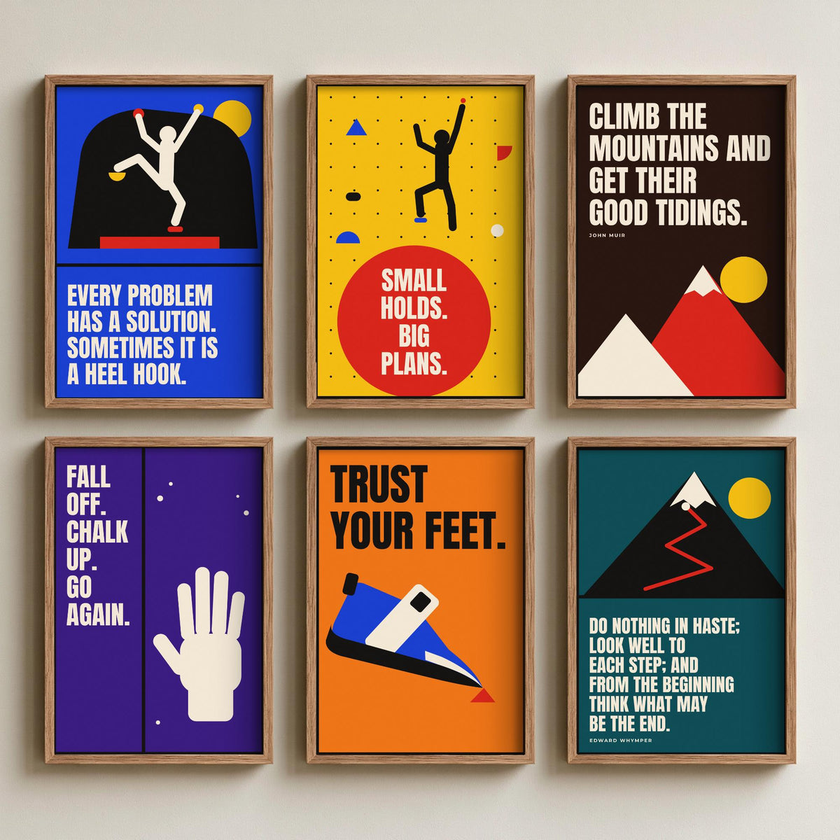 Set of Six Climbing Quote Art Prints - 6 Bauhaus Bouldering Posters - Minimalist Sport Illustration - Climbing Wall, Mountains