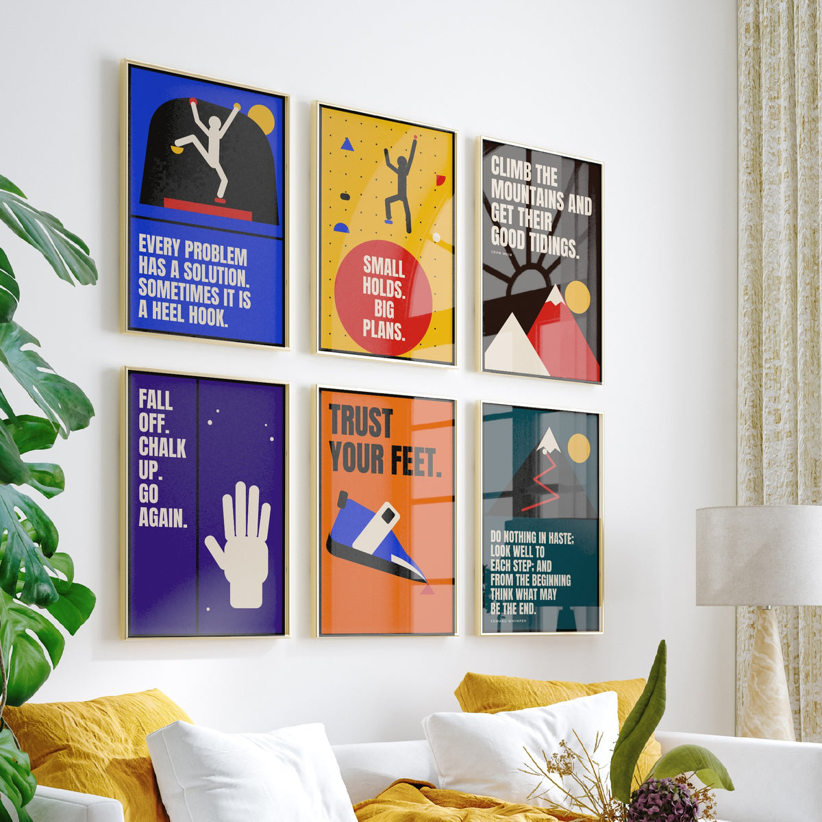 Set of Six Climbing Quote Art Prints - 6 Bauhaus Bouldering Posters - Minimalist Sport Illustration - Climbing Wall, Mountains