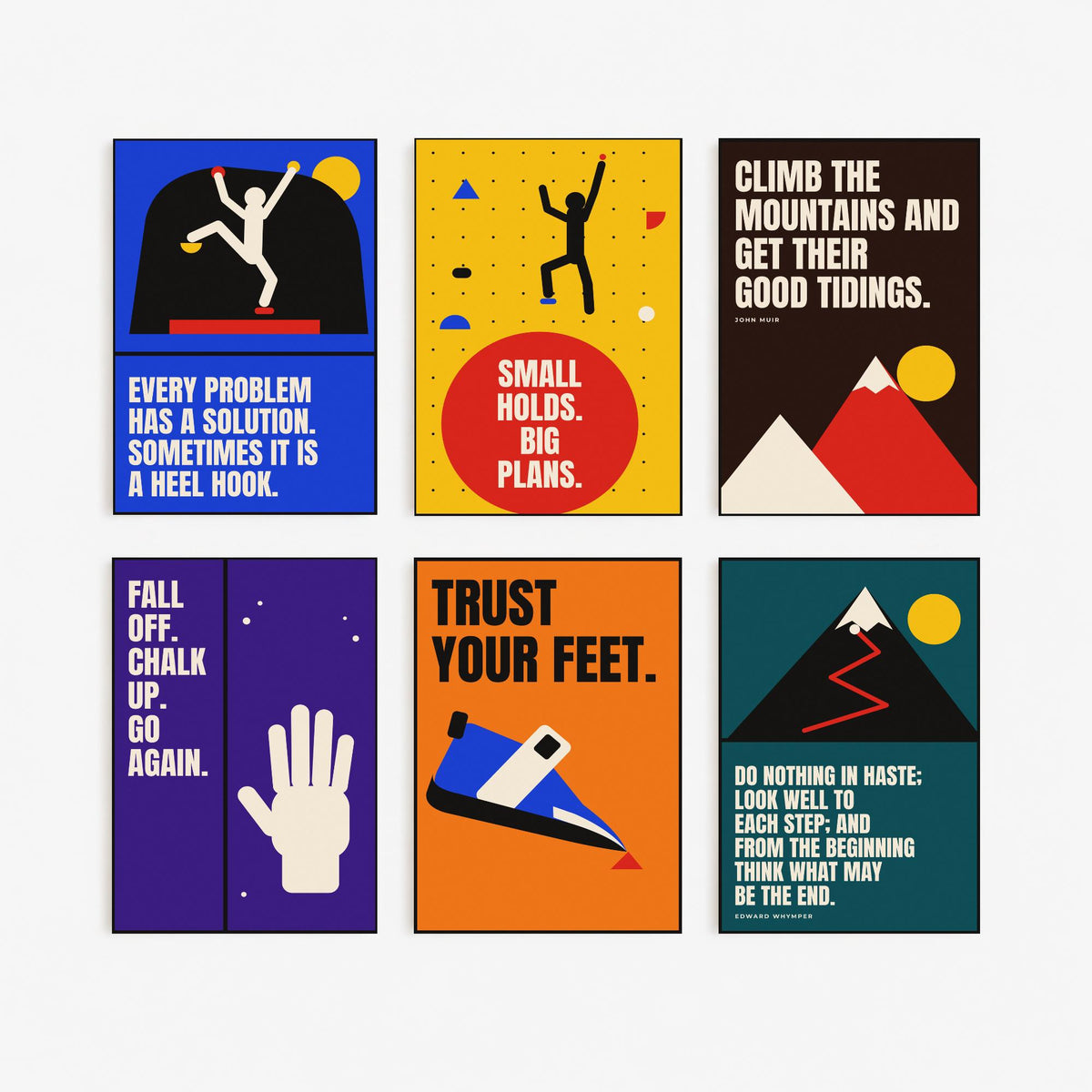 Set of Six Climbing Quote Art Prints - 6 Bauhaus Bouldering Posters - Minimalist Sport Illustration - Climbing Wall, Mountains