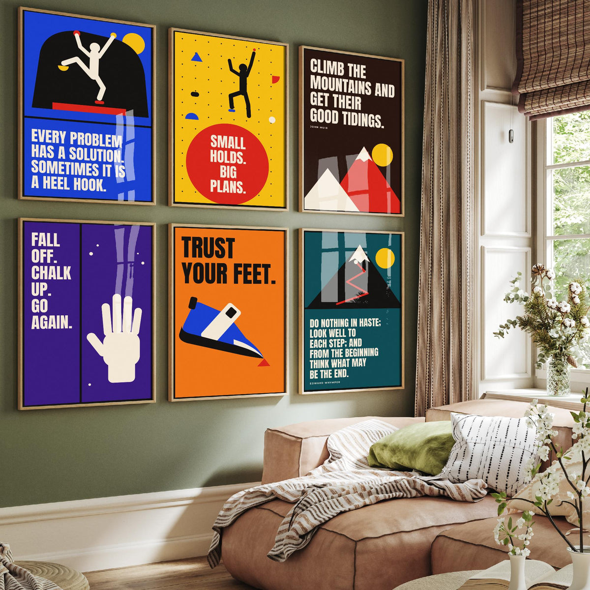 Set of Six Climbing Quote Art Prints - 6 Bauhaus Bouldering Posters - Minimalist Sport Illustration - Climbing Wall, Mountains