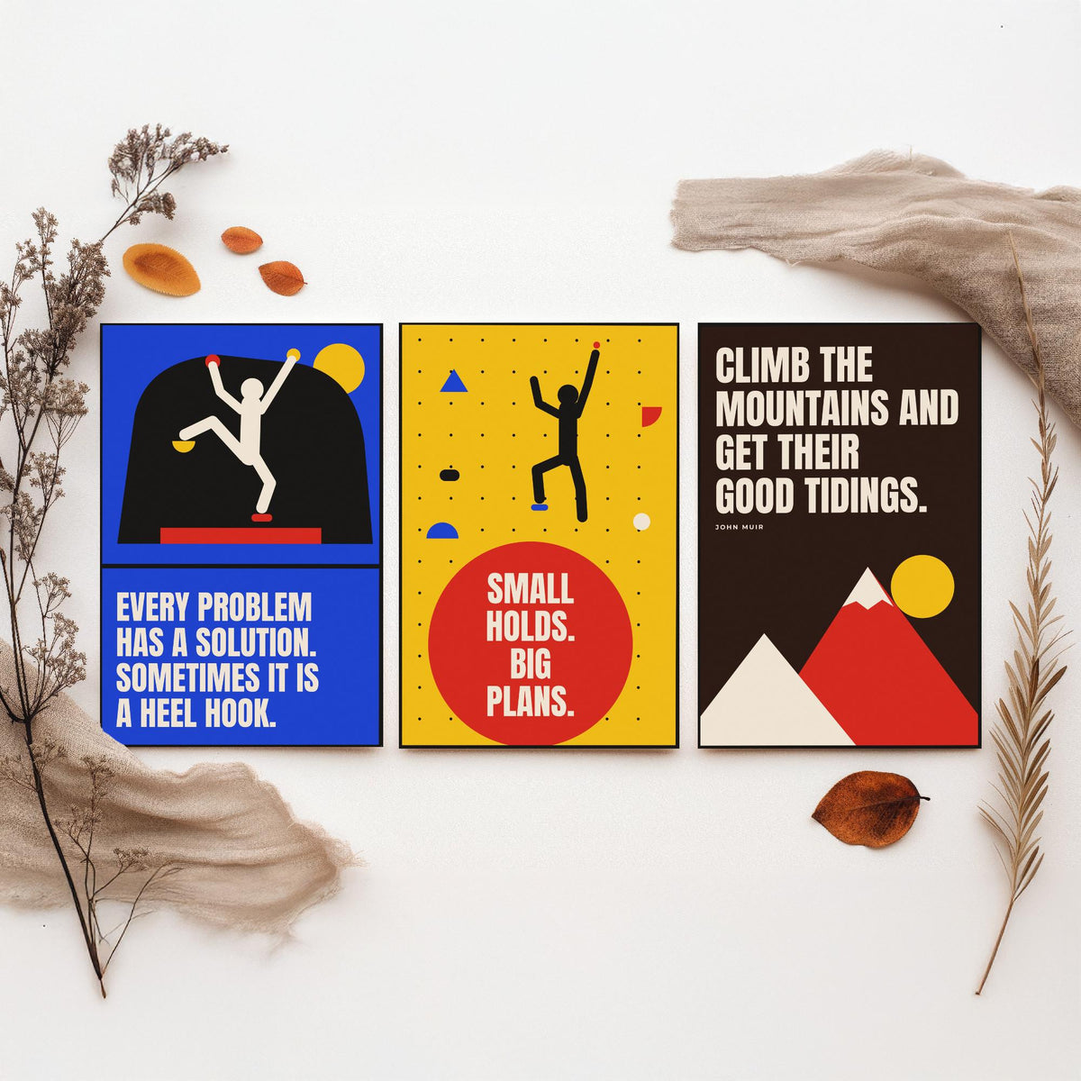 Climbing Quotes Set of Three Art Prints - 3 Bauhaus Bouldering Posters - Minimalist Sport Wall Art Illustration V1