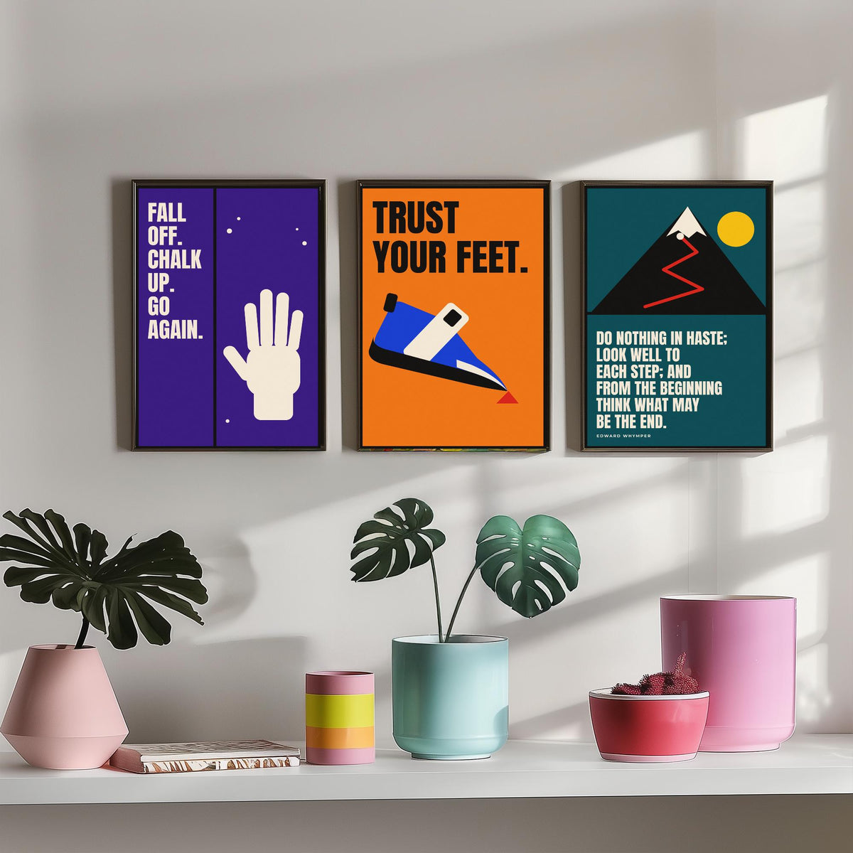 Climbing Quotes Set of Three Art Prints - 3 Retro Bauhaus Bouldering Posters - Minimalist Sport Wall Art Illustration V2