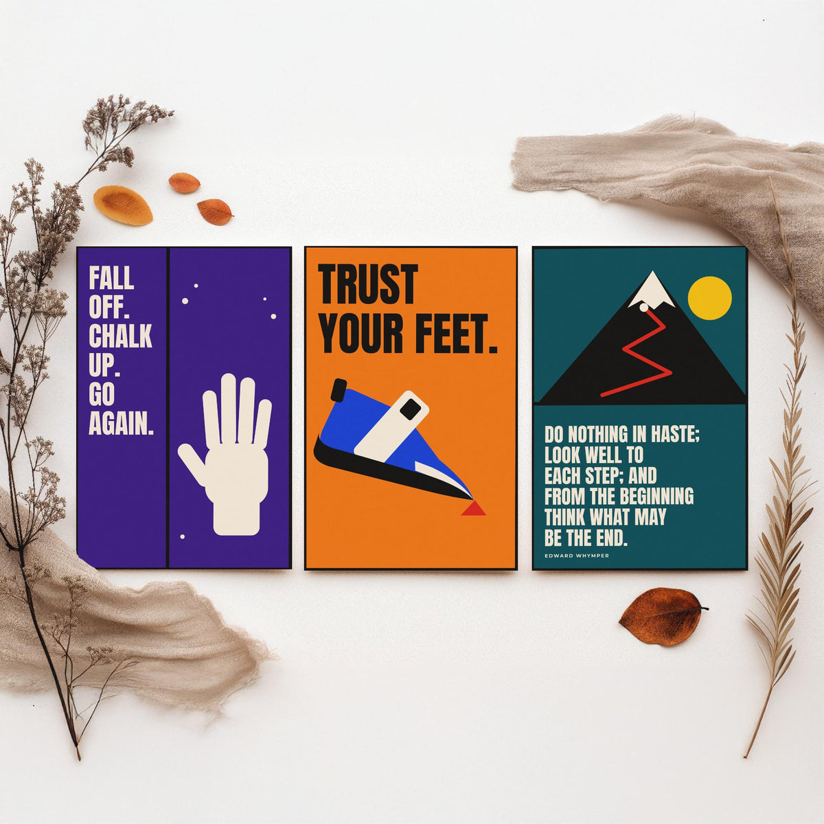 Climbing Quotes Set of Three Art Prints - 3 Retro Bauhaus Bouldering Posters - Minimalist Sport Wall Art Illustration V2