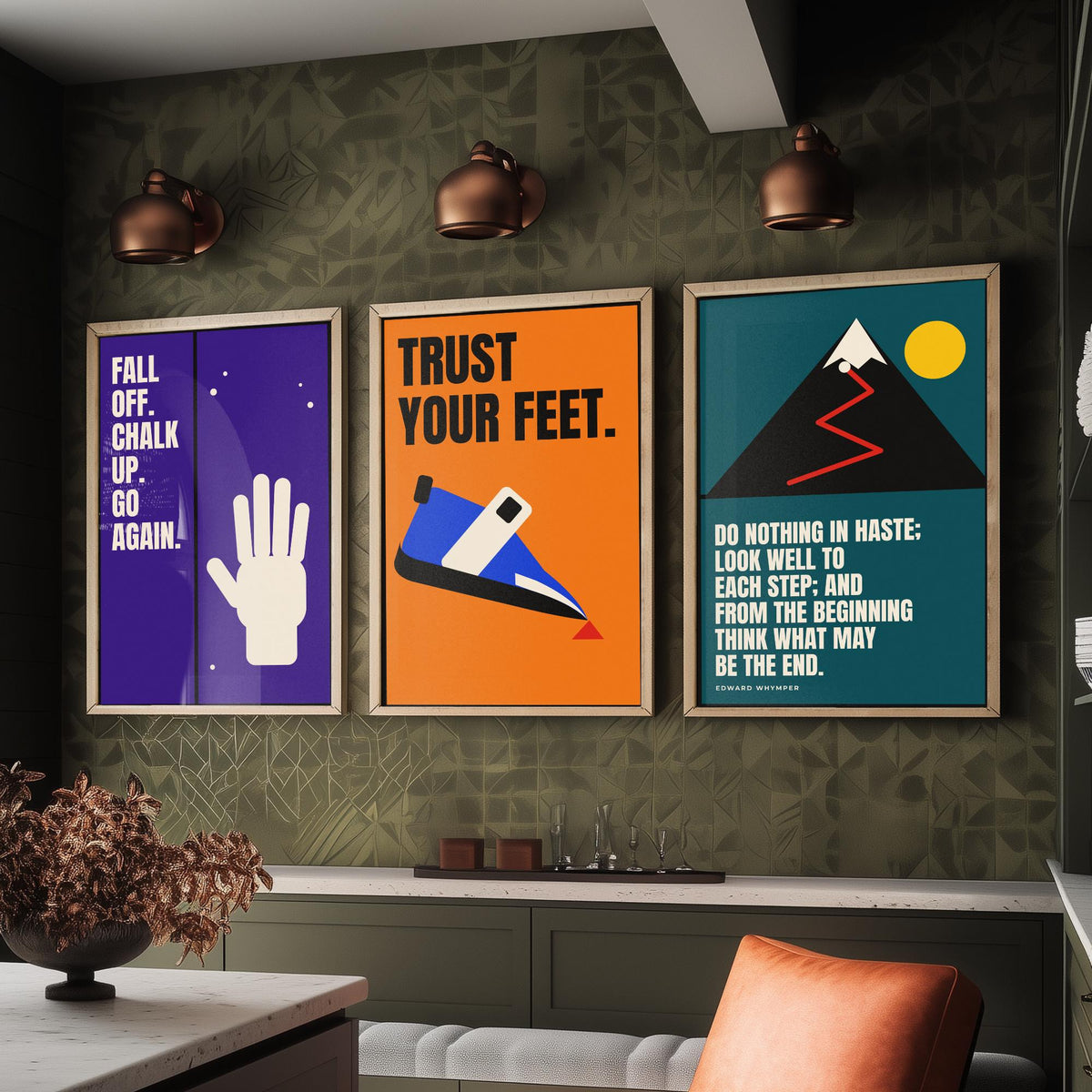 Climbing Quotes Set of Three Art Prints - 3 Retro Bauhaus Bouldering Posters - Minimalist Sport Wall Art Illustration V2