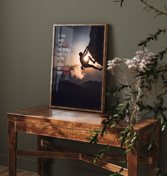Rock Climbing Poster - Offer the World Your Best Motivational Quote - Sunset Silhouette Photo Art Print - Climber on Overhang 2/3