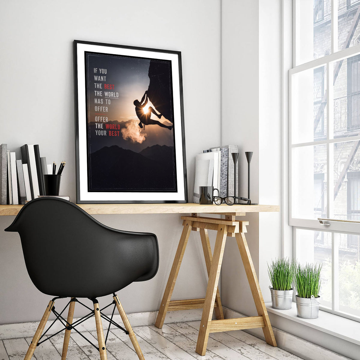 Rock Climbing Poster - Offer the World Your Best Motivational Quote - Sunset Silhouette Photo Art Print - Climber on Overhang 2/3