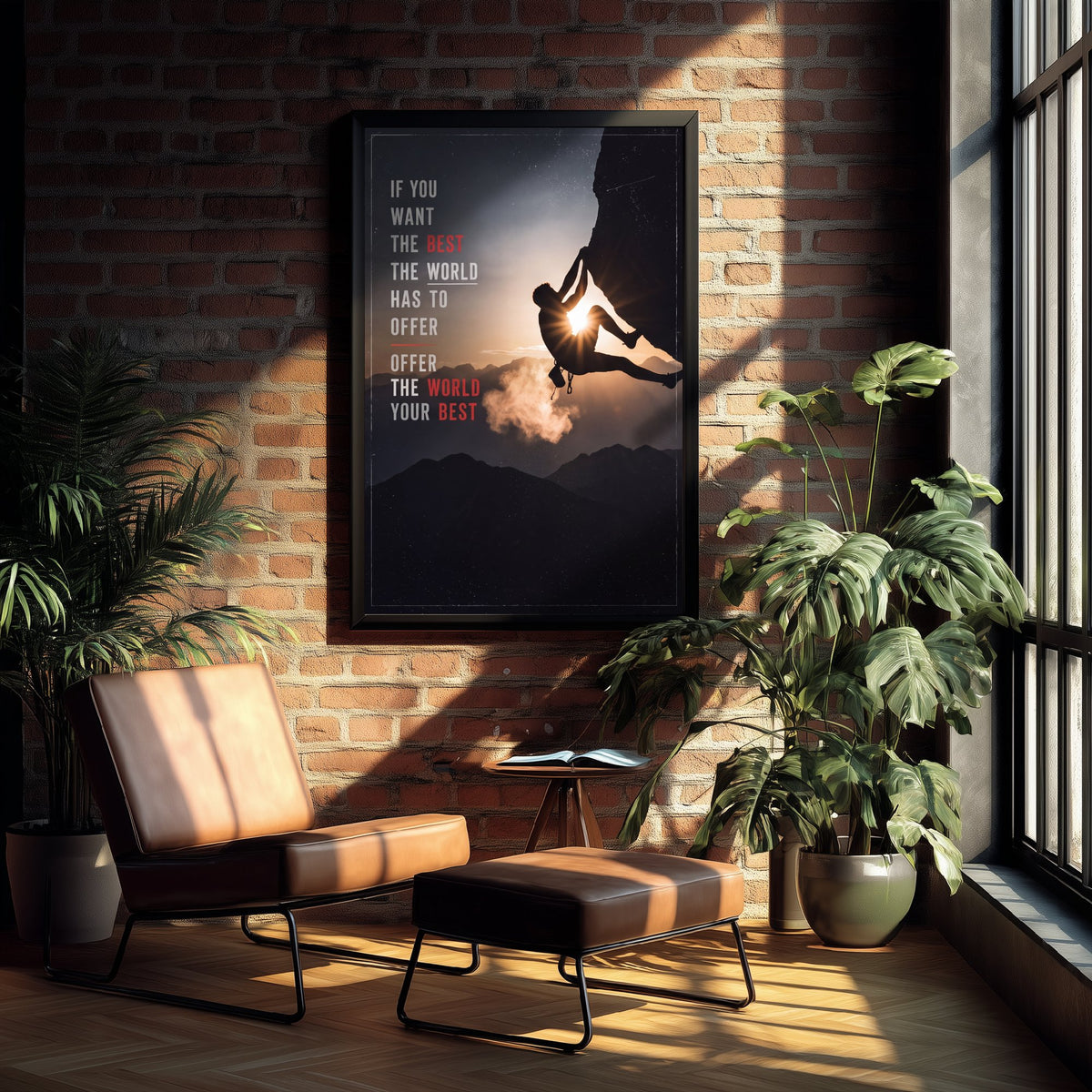 Rock Climbing Poster - Offer the World Your Best Motivational Quote - Sunset Silhouette Photo Art Print - Climber on Overhang 2/3