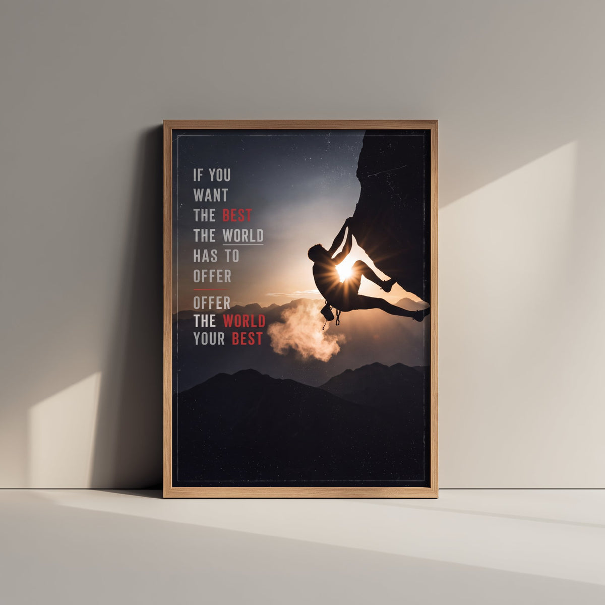 Rock Climbing Poster - Offer the World Your Best Motivational Quote - Sunset Silhouette Photo Art Print - Climber on Overhang 2/3