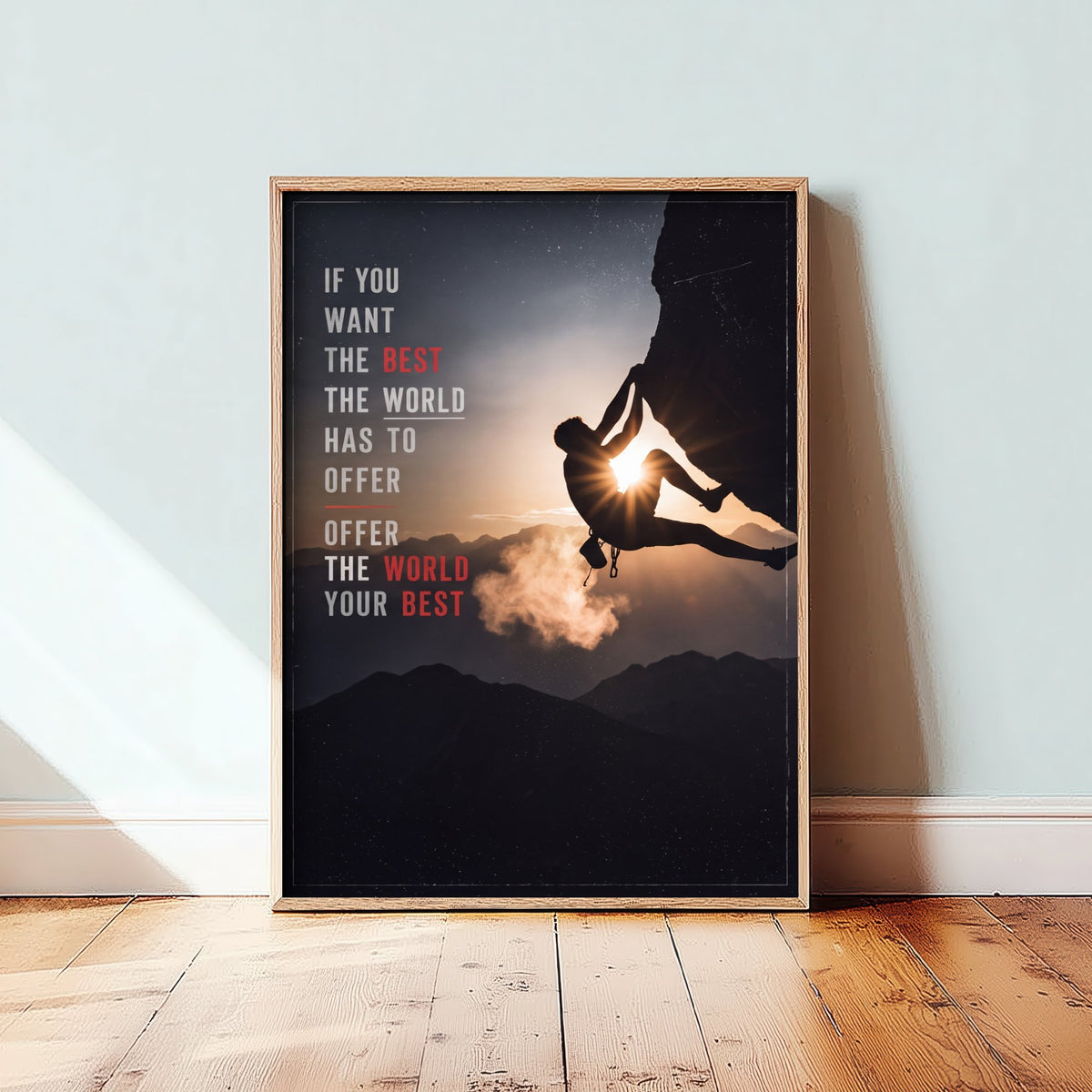 Rock Climbing Poster - Offer the World Your Best Motivational Quote - Sunset Silhouette Photo Art Print - Climber on Overhang 2/3