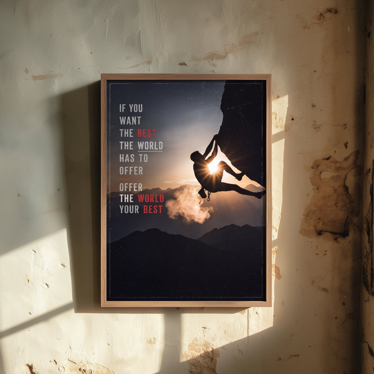 Rock Climbing Poster - Offer the World Your Best Motivational Quote - Sunset Silhouette Photo Art Print - Climber on Overhang 2/3