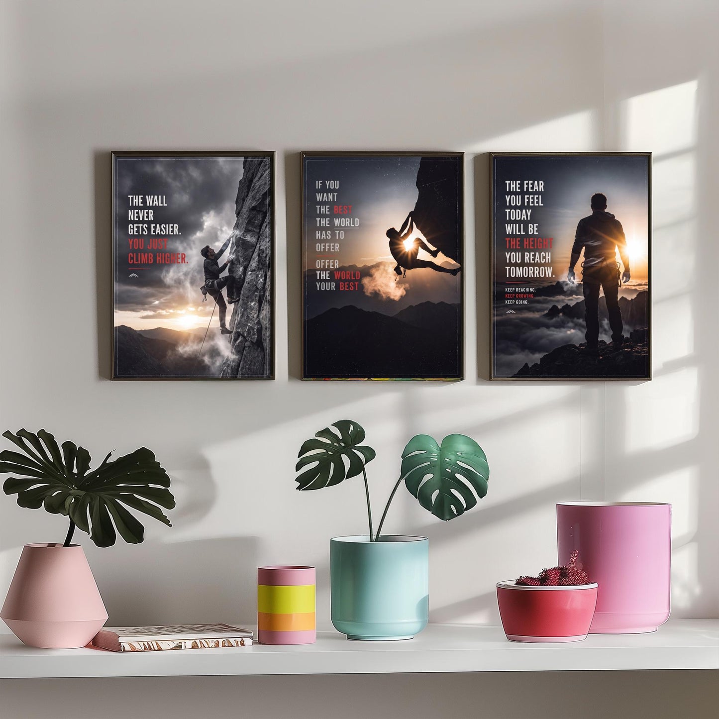 Rock Climbing Motivation Set of Three Prints - 3 Inspirational Quote Posters - Climber Photo Wall Art - The Wall Never Gets Easier