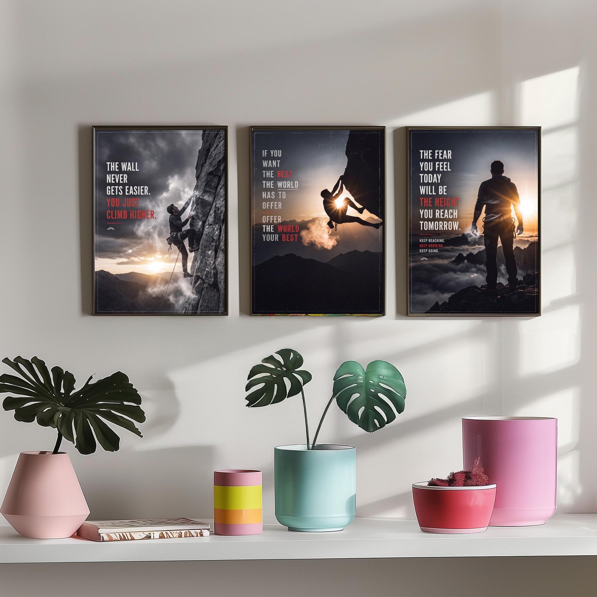 Rock Climbing Motivation Set of Three Prints - 3 Inspirational Quote Posters - Climber Photo Wall Art - The Wall Never Gets Easier