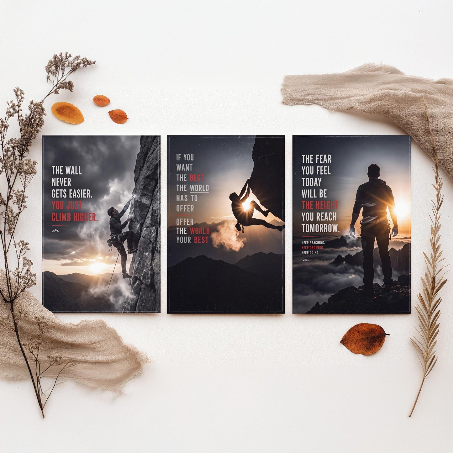 Rock Climbing Motivation Set of Three Prints - 3 Inspirational Quote Posters - Climber Photo Wall Art - The Wall Never Gets Easier