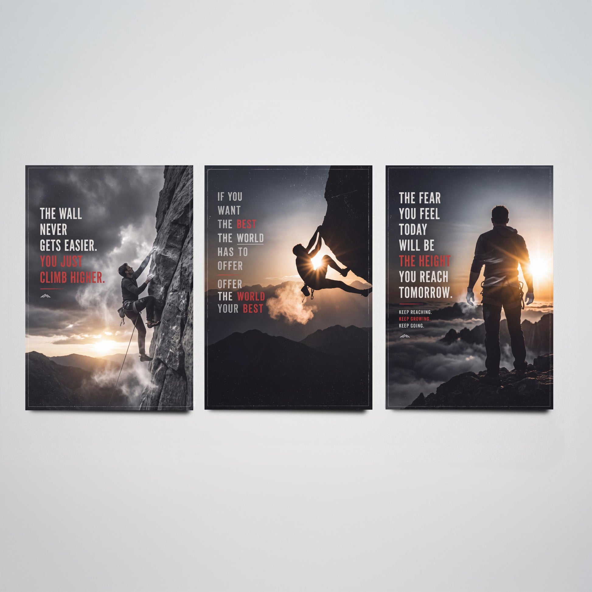 Rock Climbing Motivation Set of Three Prints - 3 Inspirational Quote Posters - Climber Photo Wall Art - The Wall Never Gets Easier