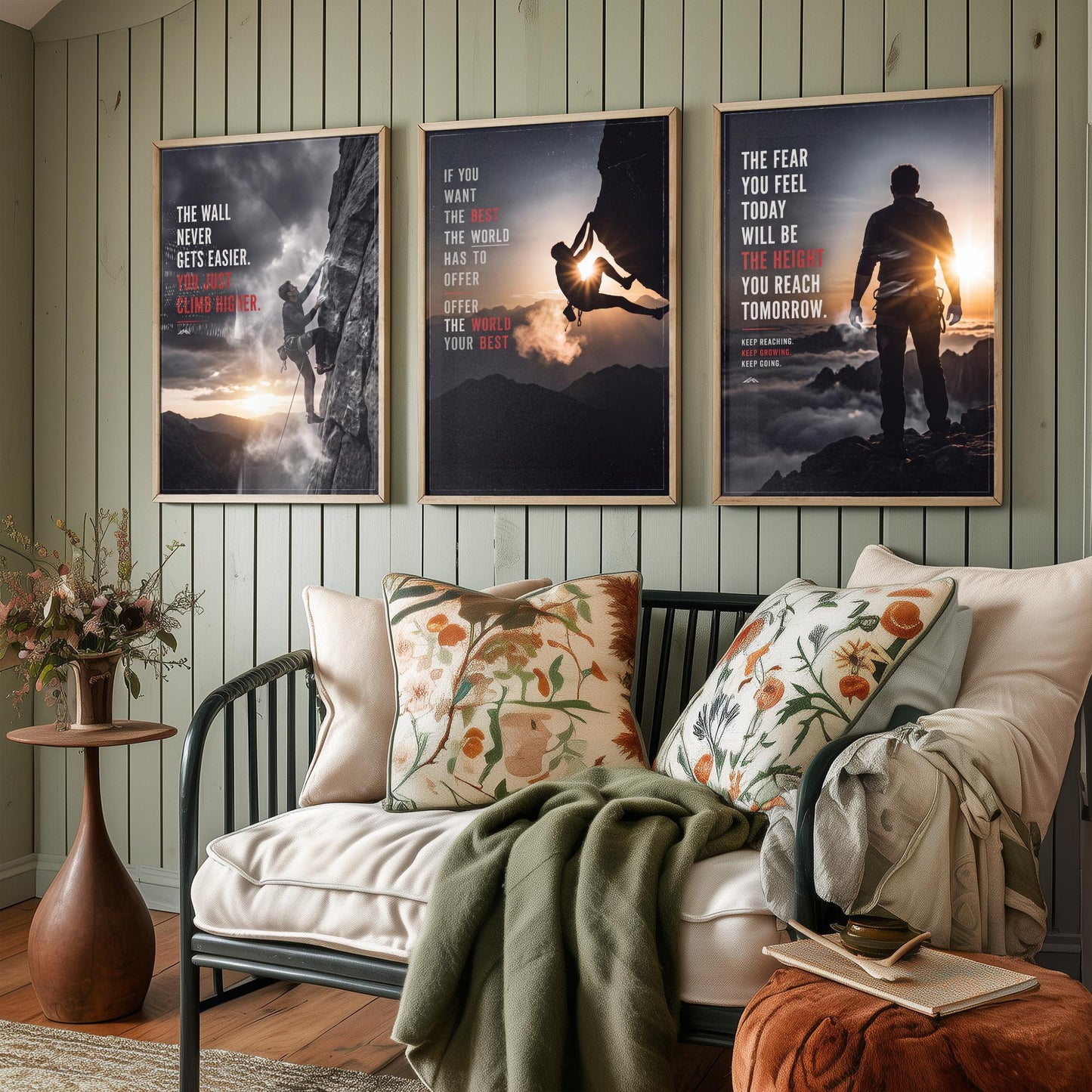 Rock Climbing Motivation Set of Three Prints - 3 Inspirational Quote Posters - Climber Photo Wall Art - The Wall Never Gets Easier
