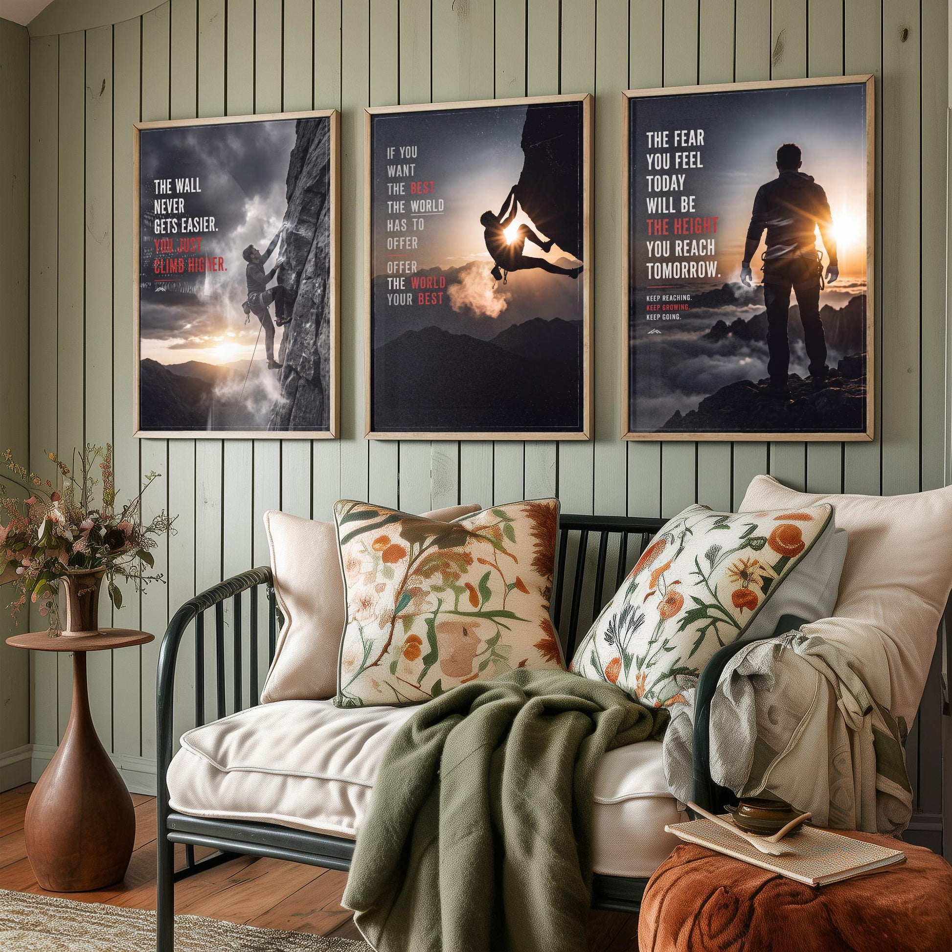 Rock Climbing Motivation Set of Three Prints - 3 Inspirational Quote Posters - Climber Photo Wall Art - The Wall Never Gets Easier