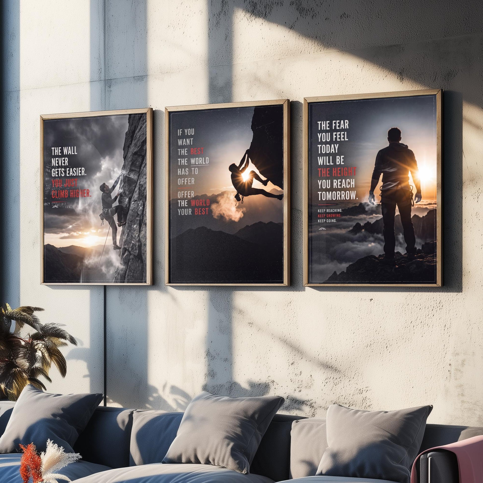 Rock Climbing Motivation Set of Three Prints - 3 Inspirational Quote Posters - Climber Photo Wall Art - The Wall Never Gets Easier