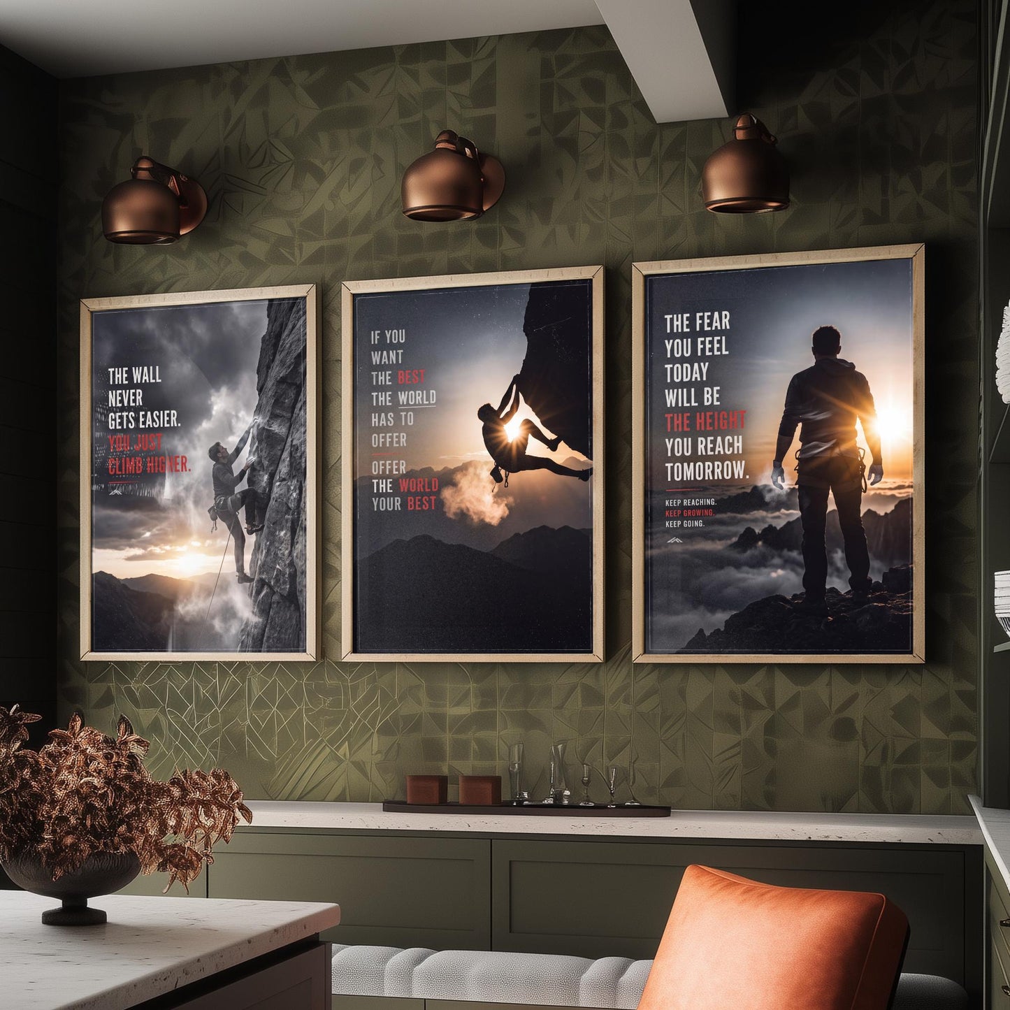 Rock Climbing Motivation Set of Three Prints - 3 Inspirational Quote Posters - Climber Photo Wall Art - The Wall Never Gets Easier