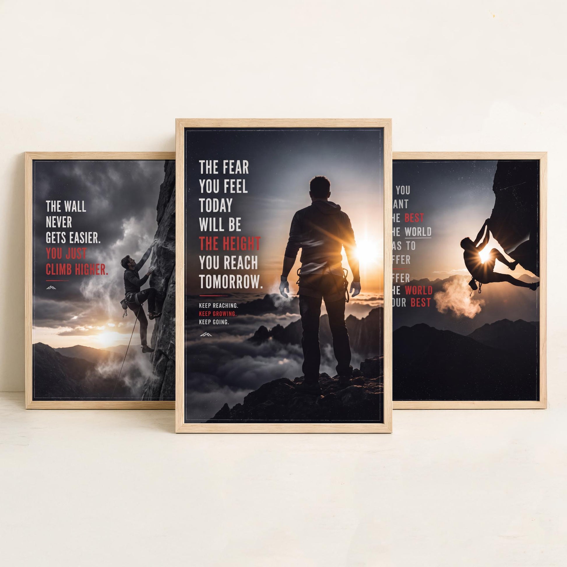 Rock Climbing Motivation Set of Three Prints - 3 Inspirational Quote Posters - Climber Photo Wall Art - The Wall Never Gets Easier
