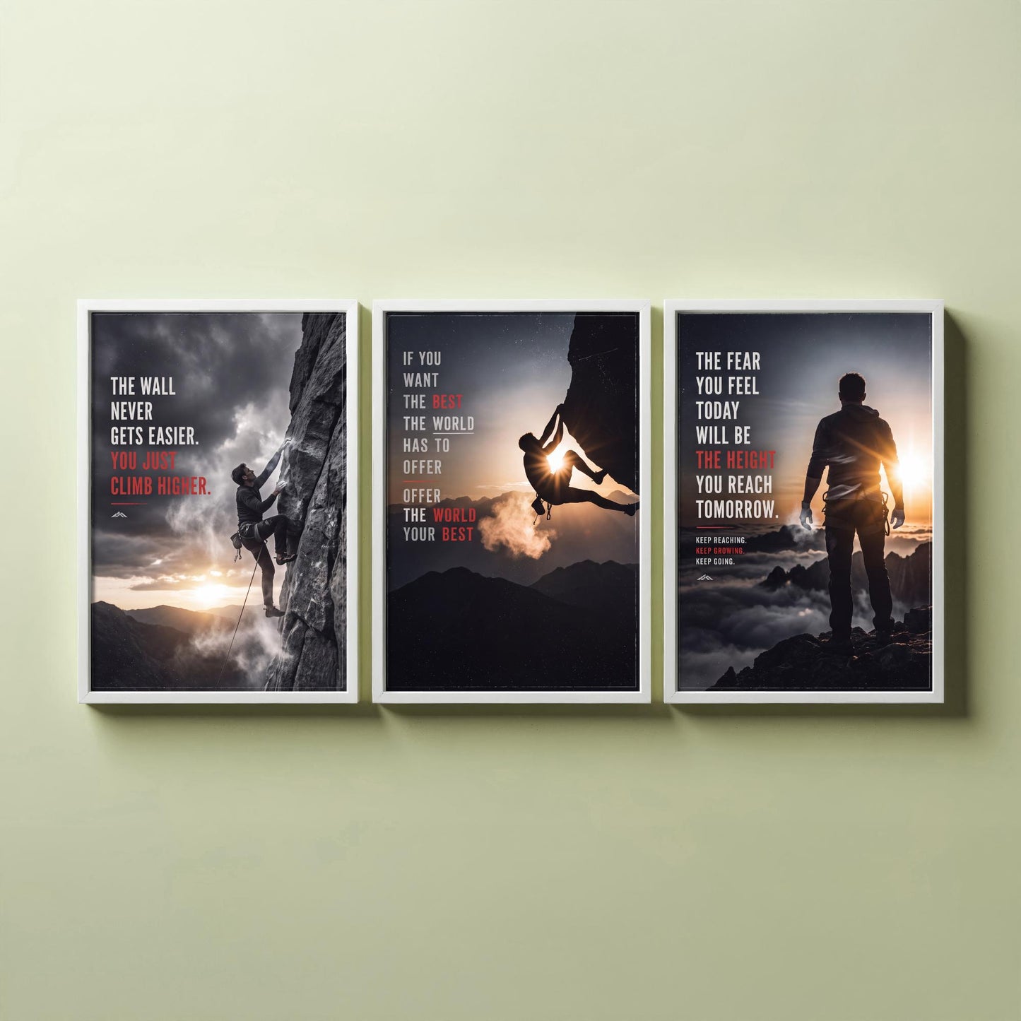 Rock Climbing Motivation Set of Three Prints - 3 Inspirational Quote Posters - Climber Photo Wall Art - The Wall Never Gets Easier