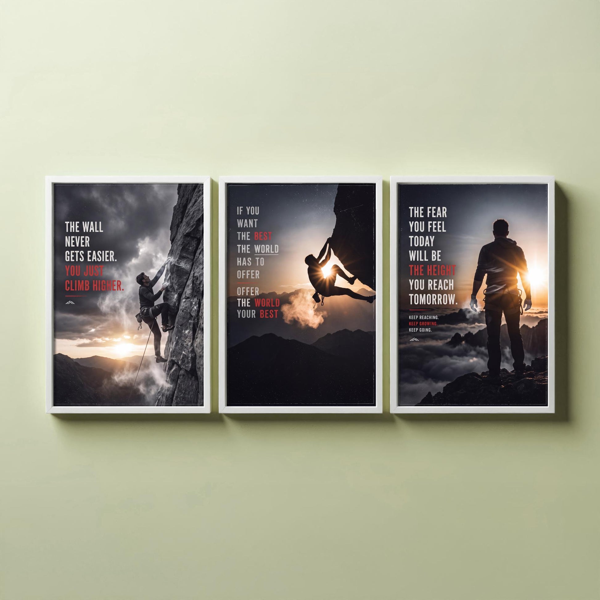 Rock Climbing Motivation Set of Three Prints - 3 Inspirational Quote Posters - Climber Photo Wall Art - The Wall Never Gets Easier