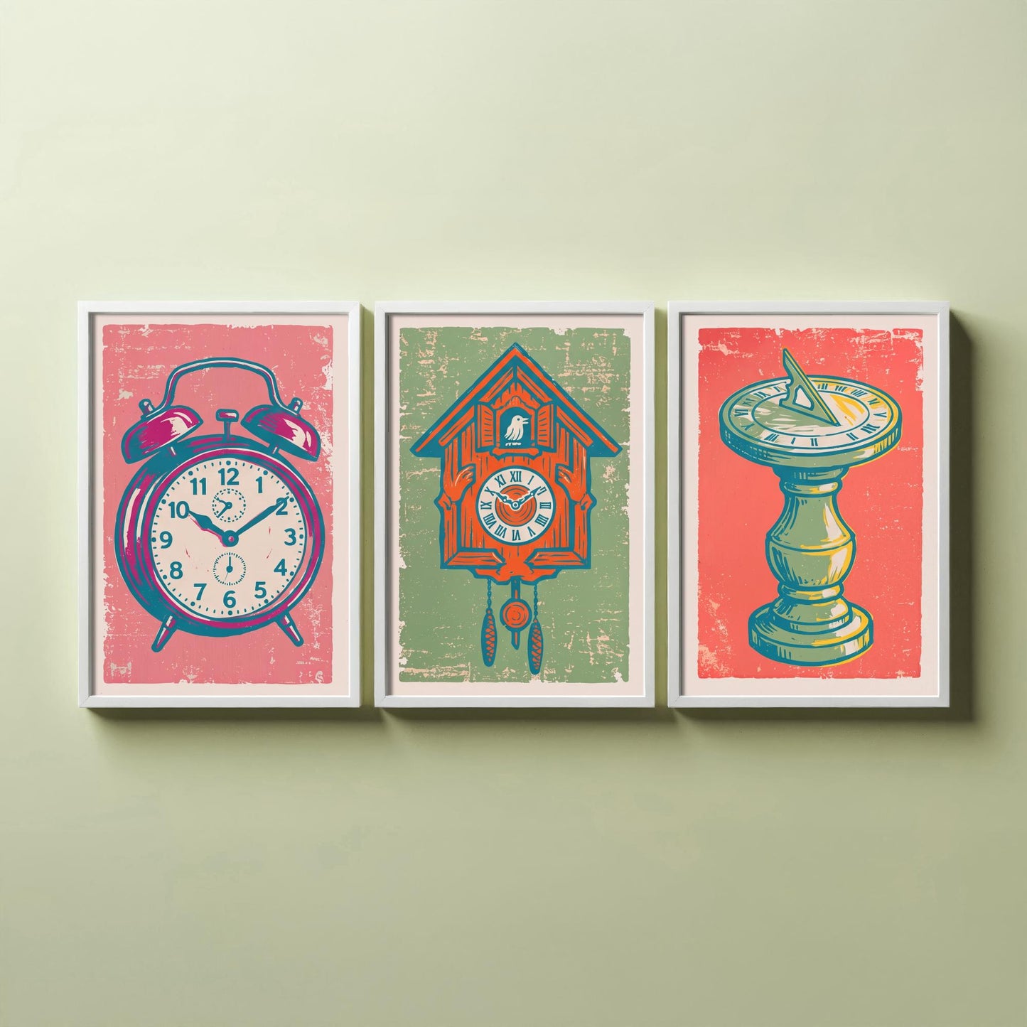Set of Three Alarm Clock, Cuckoo Clock and Sundial Art Prints - Clock Linocut Illustrations - Vintage Time Posters V2