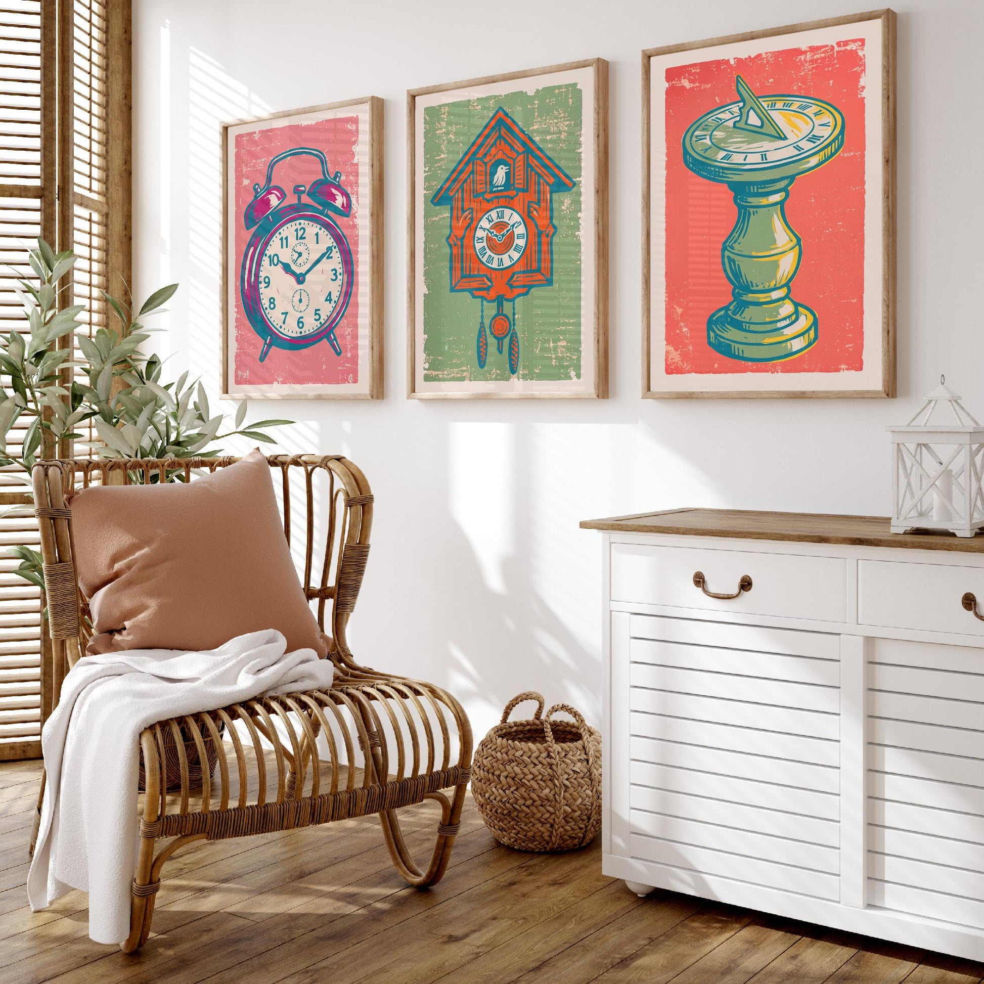 Set of Three Alarm Clock, Cuckoo Clock and Sundial Art Prints - Clock Linocut Illustrations - Vintage Time Posters V2