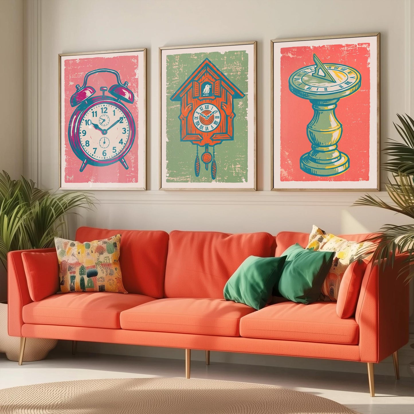 Set of Three Alarm Clock, Cuckoo Clock and Sundial Art Prints - Clock Linocut Illustrations - Vintage Time Posters V2