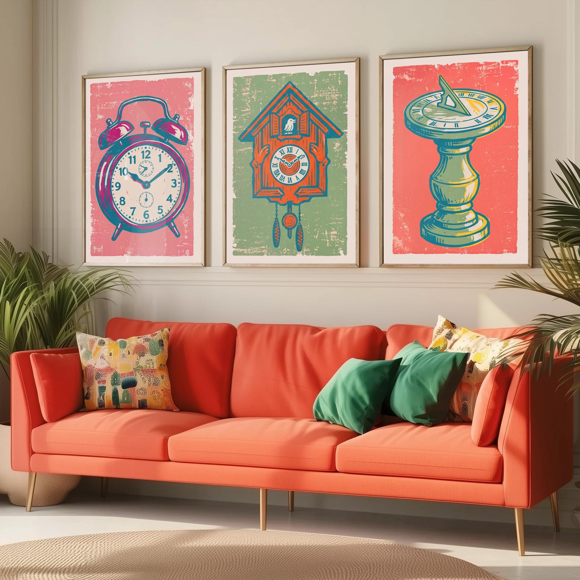 Set of Three Alarm Clock, Cuckoo Clock and Sundial Art Prints - Clock Linocut Illustrations - Vintage Time Posters V2