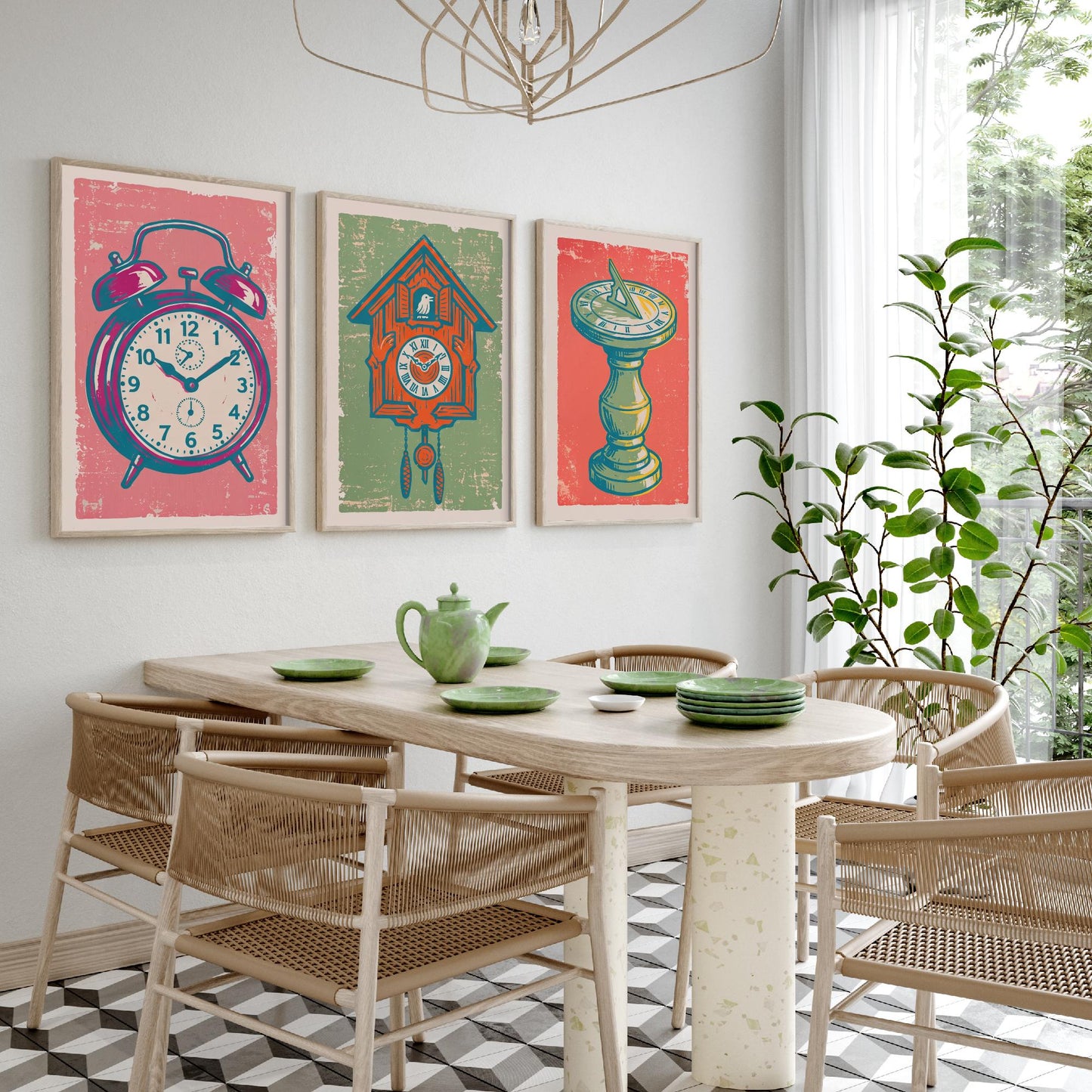 Set of Three Alarm Clock, Cuckoo Clock and Sundial Art Prints - Clock Linocut Illustrations - Vintage Time Posters V2