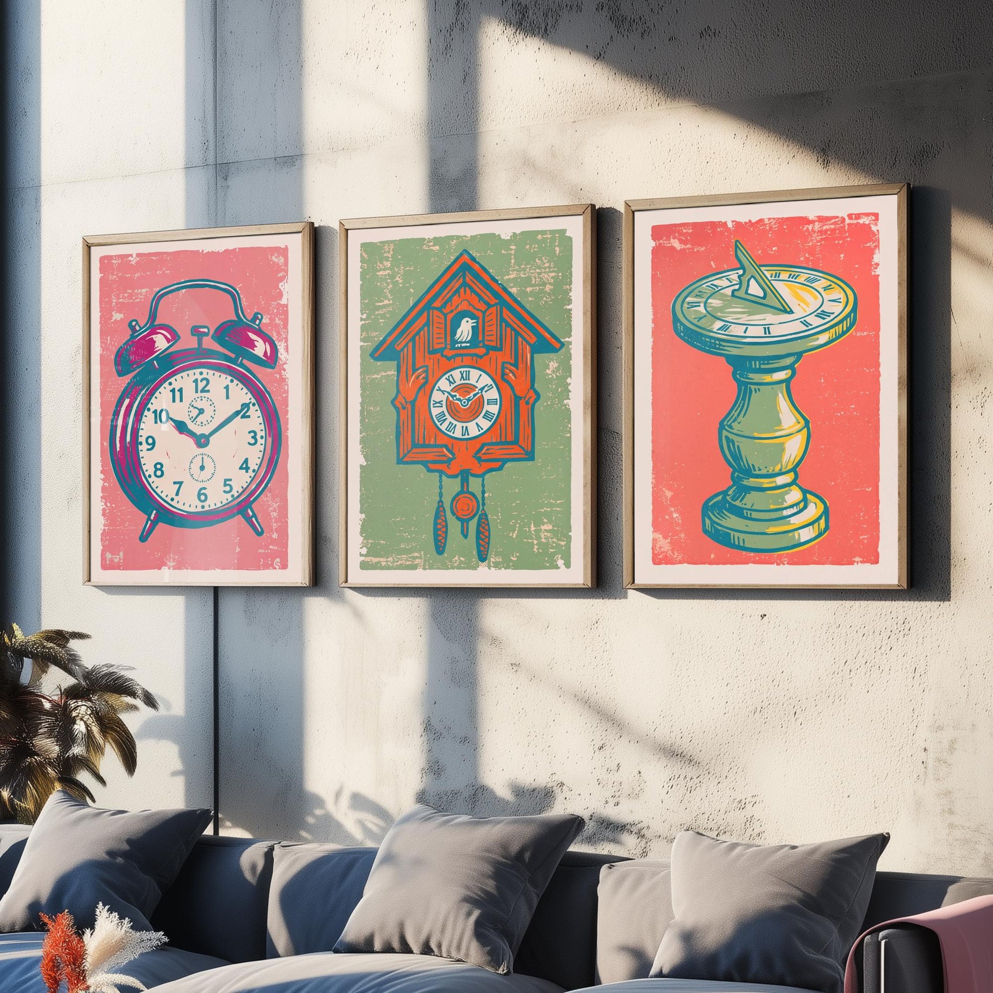 Set of Three Alarm Clock, Cuckoo Clock and Sundial Art Prints - Clock Linocut Illustrations - Vintage Time Posters V2