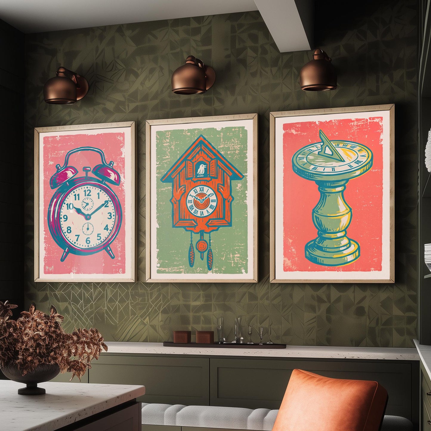 Set of Three Alarm Clock, Cuckoo Clock and Sundial Art Prints - Clock Linocut Illustrations - Vintage Time Posters V2
