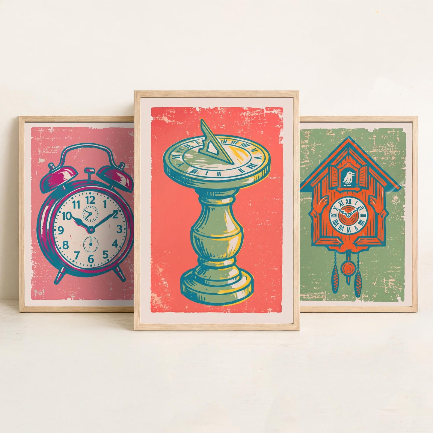 Set of Three Alarm Clock, Cuckoo Clock and Sundial Art Prints - Clock Linocut Illustrations - Vintage Time Posters V2