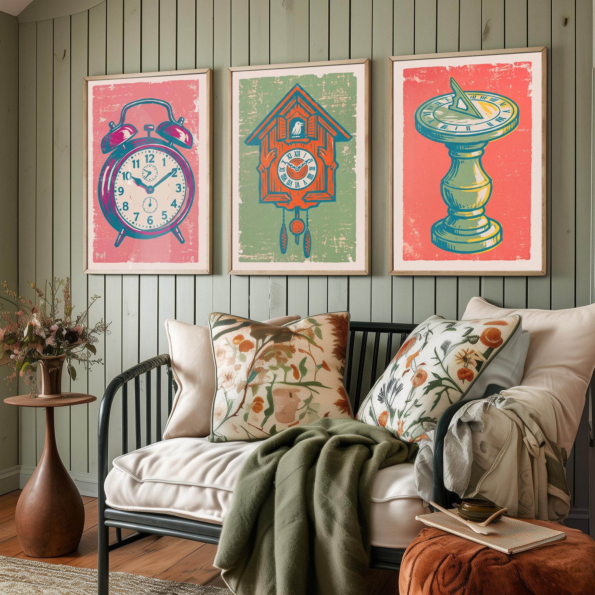 Set of Three Alarm Clock, Cuckoo Clock and Sundial Art Prints - Clock Linocut Illustrations - Vintage Time Posters V2