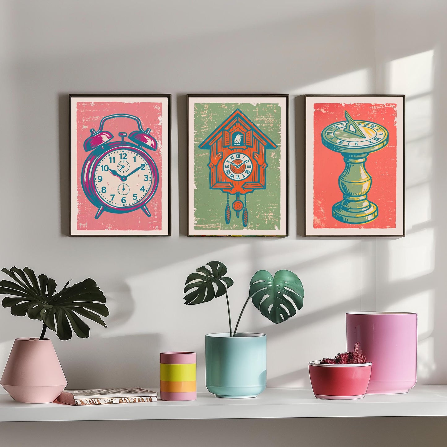 Set of Three Alarm Clock, Cuckoo Clock and Sundial Art Prints - Clock Linocut Illustrations - Vintage Time Posters V2