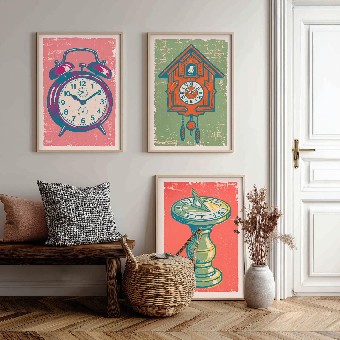 Set of Three Alarm Clock, Cuckoo Clock and Sundial Art Prints - Clock Linocut Illustrations - Vintage Time Posters V2