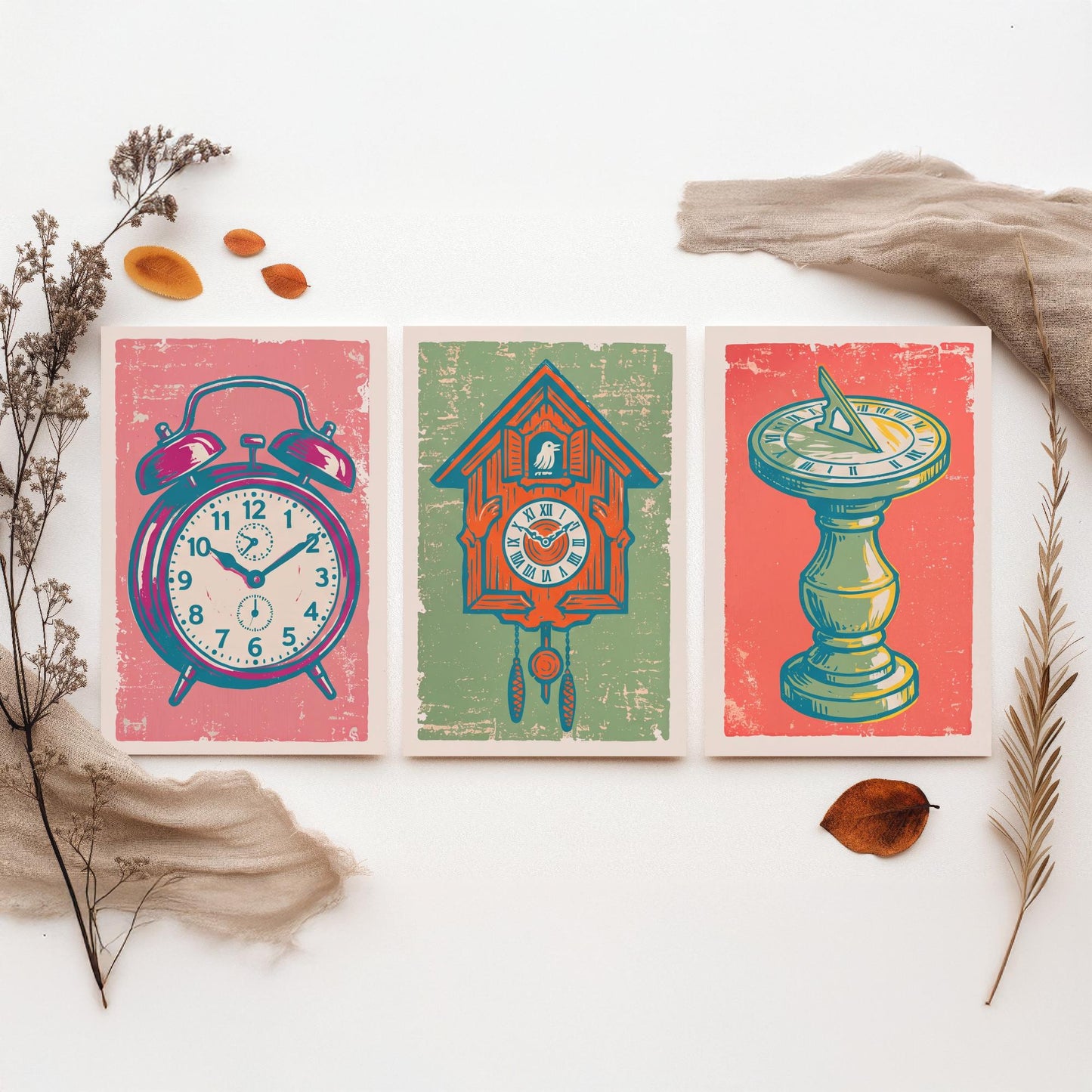 Set of Three Alarm Clock, Cuckoo Clock and Sundial Art Prints - Clock Linocut Illustrations - Vintage Time Posters V2