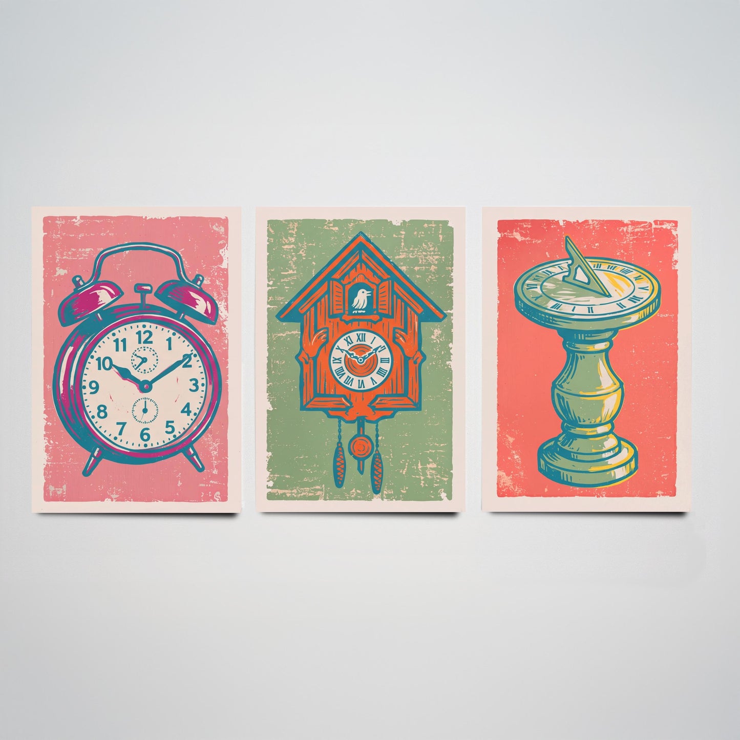Set of Three Alarm Clock, Cuckoo Clock and Sundial Art Prints - Clock Linocut Illustrations - Vintage Time Posters V2