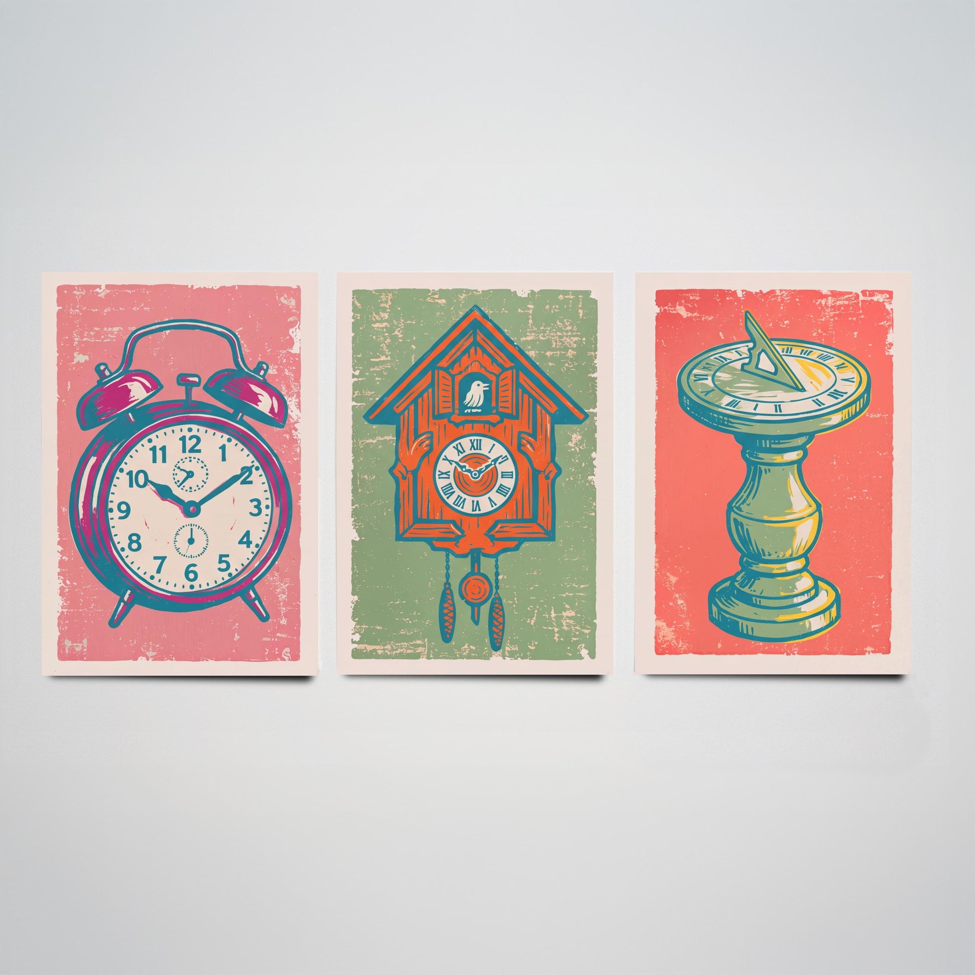 Set of Three Alarm Clock, Cuckoo Clock and Sundial Art Prints - Clock Linocut Illustrations - Vintage Time Posters V2