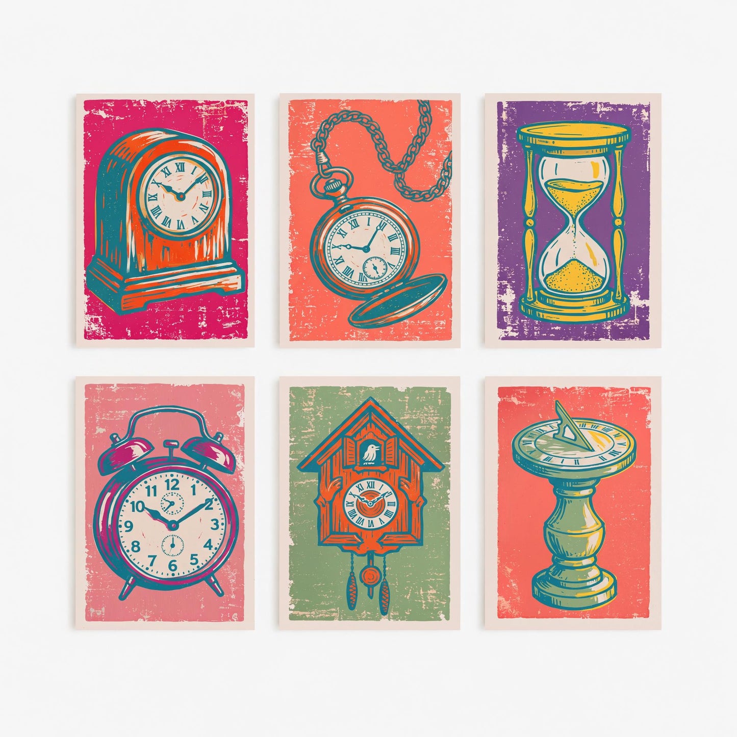 Set of Six Clocks and Time Art Prints - 6 Linocut Illustrations - Mantel Clock, Pocket Watch, Hourglass, Cuckoo Clock, Sundial - Posters