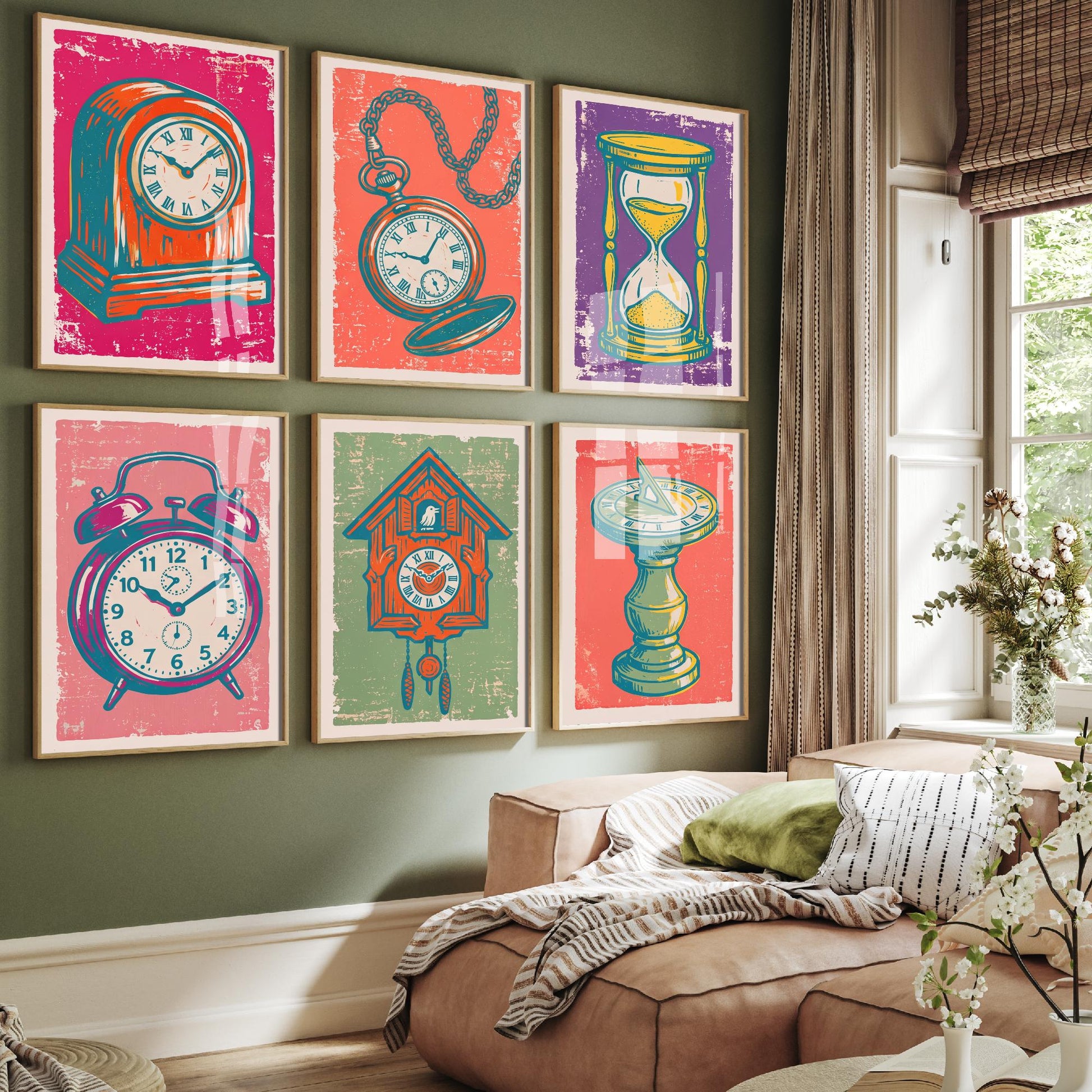 Set of Six Clocks and Time Art Prints - 6 Linocut Illustrations - Mantel Clock, Pocket Watch, Hourglass, Cuckoo Clock, Sundial - Posters