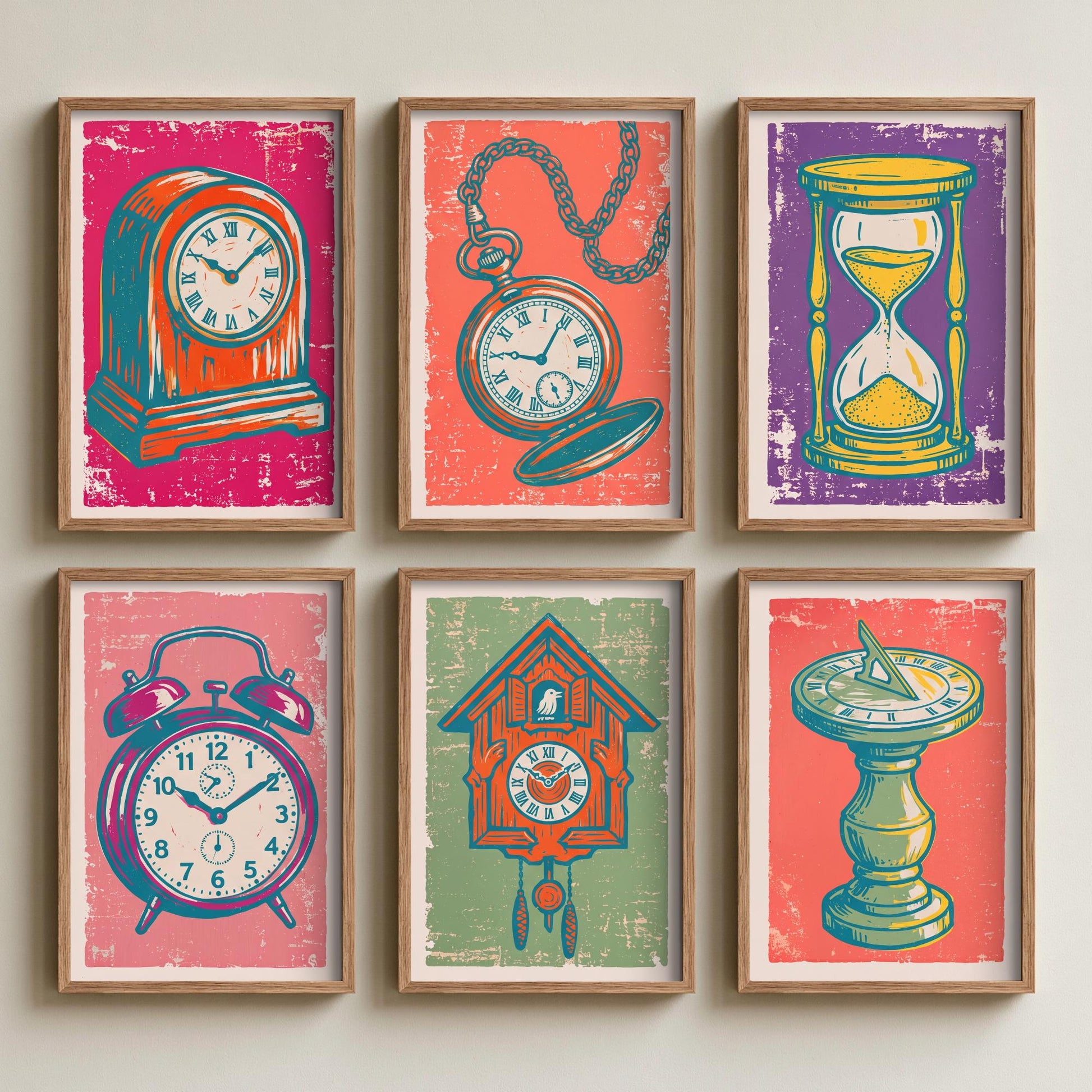 Set of Six Clocks and Time Art Prints - 6 Linocut Illustrations - Mantel Clock, Pocket Watch, Hourglass, Cuckoo Clock, Sundial - Posters