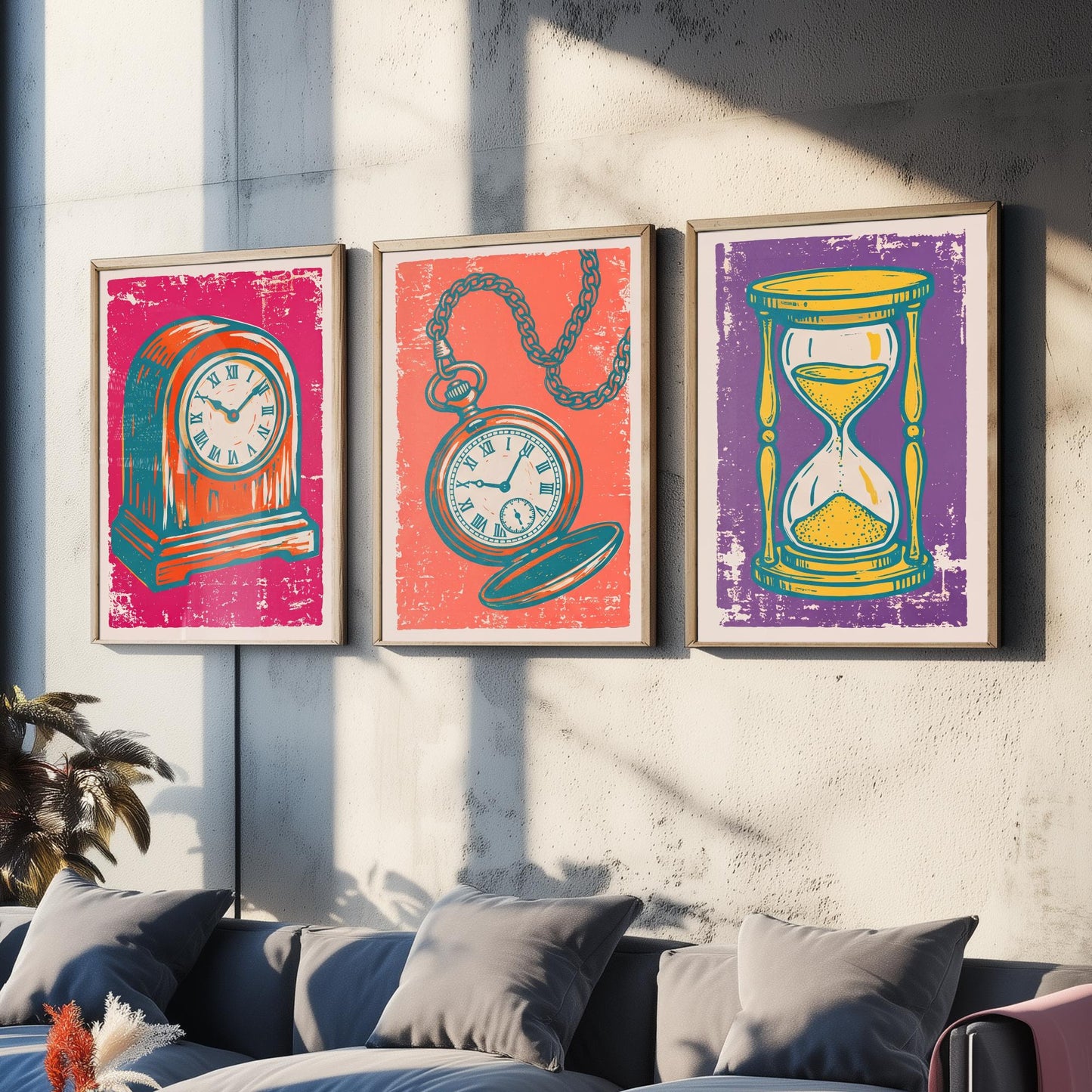 Set of Three Mantel Clock, Pocket Watch and Hourglass Art Prints - Clock Linocut Illustrations - Horology Posters V1